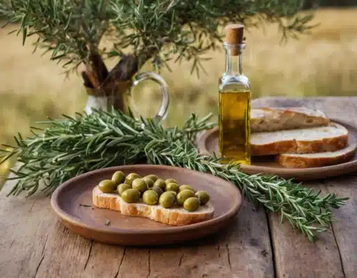 Botella de Aceite de Aceituna picuda, Aceituna picuda en un plato, pan y ramos de olivos picudos