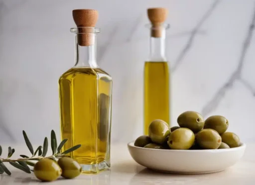 aceite de oliva virgen extra picual: Botella de aceite de oliva junto a una rama de olivo y un pequeño tazón con aceite en el frente.
