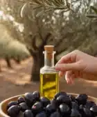 Botella aceite de oliva virgen extra empeltre con olivas negras empletre en un plato