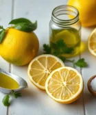 Vaso con aceite de oliva y jugo de limón, combinación natural con múltiples beneficios para la salud y la digestión