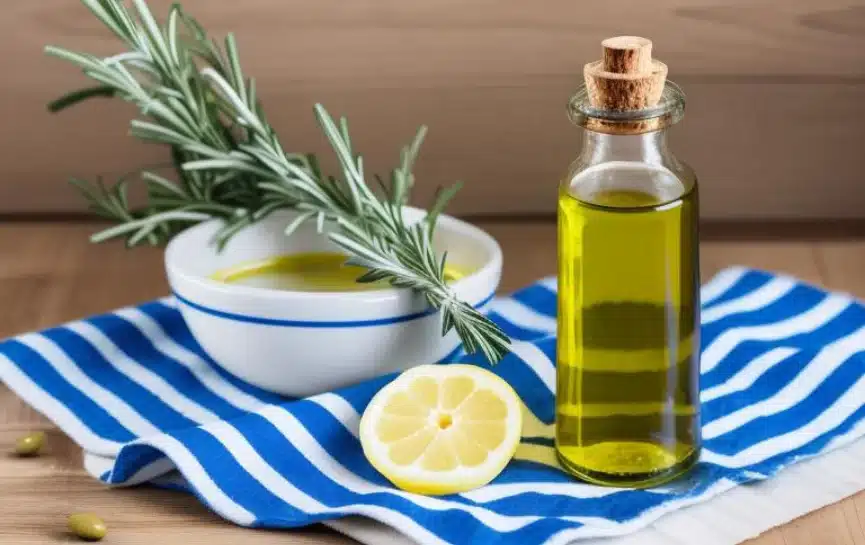 Botella de aceite de oliva con una ramita de romero y medio limón sobre un paño a rayas azules.