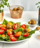 Plato de ensalada con tomates cherry y aceitunas, rodeado de botellas de aceite y plantas decorativas.