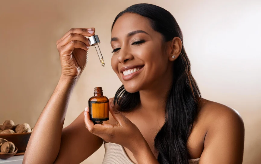 Mujer sonriente aplicando Aceite de Nuez para la Cara con gotero, con nueces en un tazón al fondo