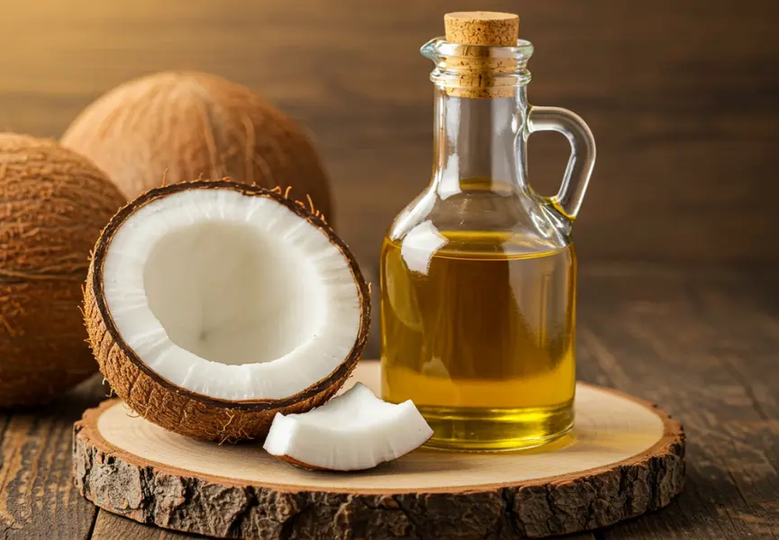 Aceite de Coco en el Ombligo 7 Aceite de coco en el ombligo: Frasco con aceite dorado junto a cocos partidos sobre superficie rústica de madera.