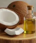 Beneficios del aceite de coco en el ombligo: Mitades de coco y frasco con aceite sobre tabla de madera, iluminación suave y fondo neutro.